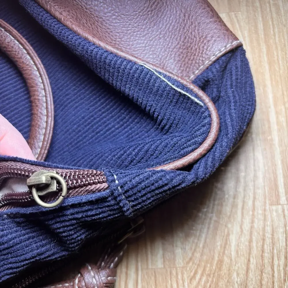 Union Bay Patchwork Corduroy & Faux Leather Satchel Handbag – Blue/Brown
